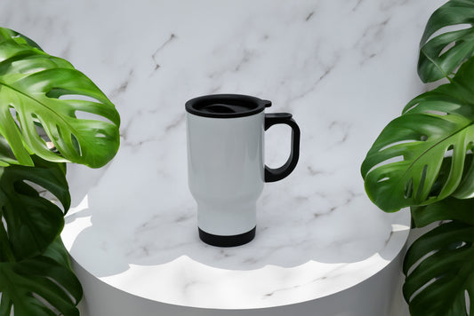 custom travel mug with black handle